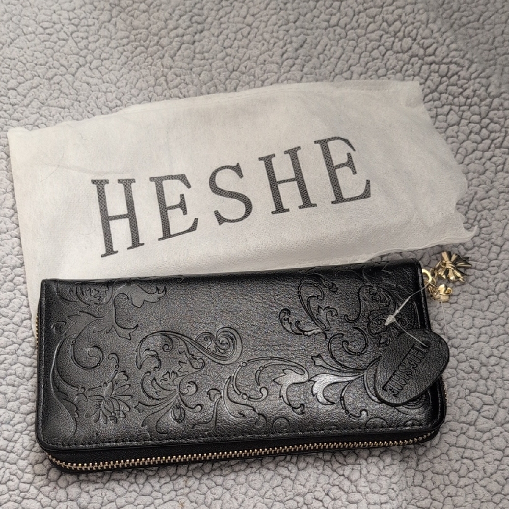 Black Embossed Leather Accordion Wallet with Gold Zipper By Heshe